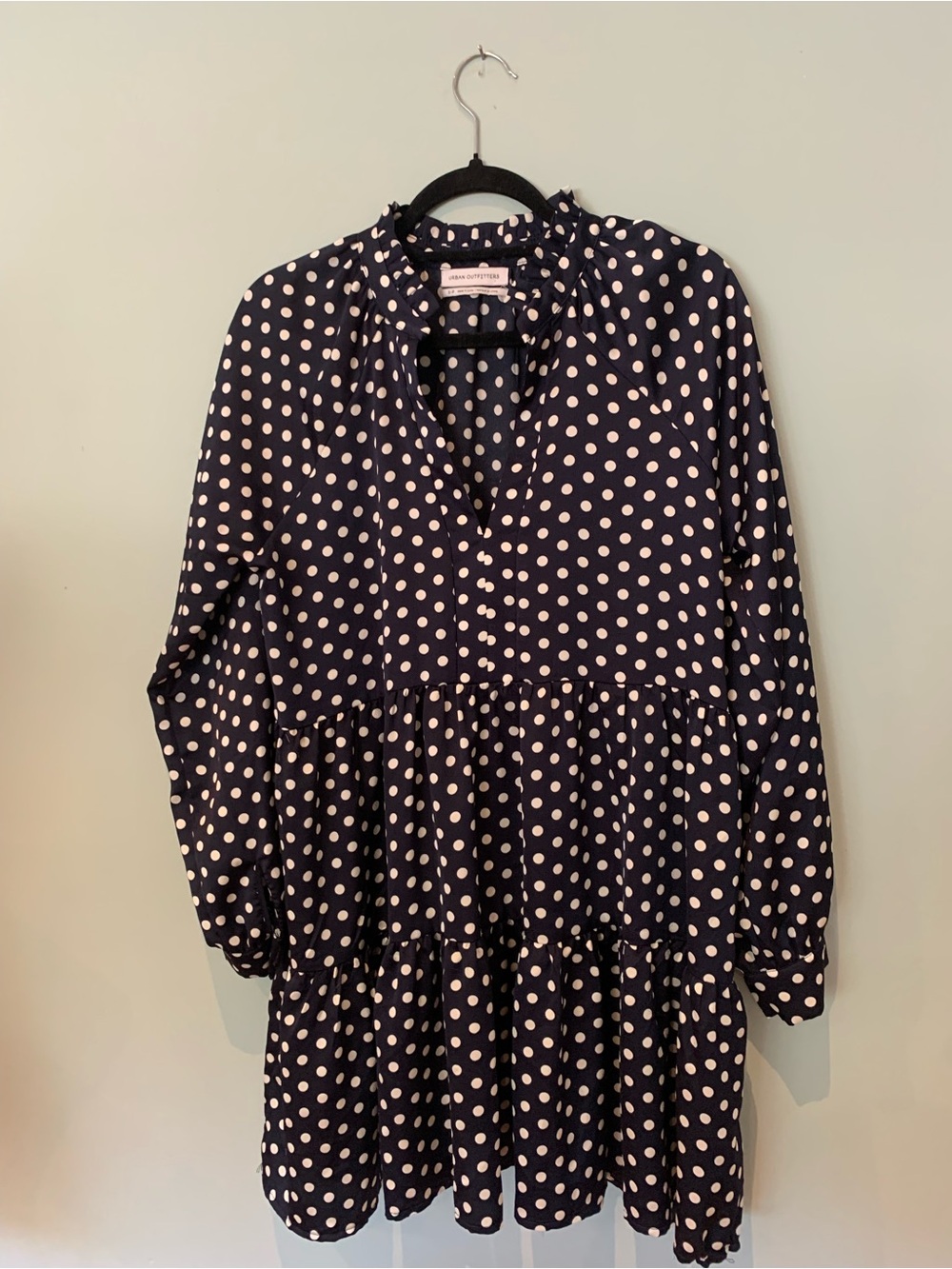 Urban Outfitters Navy and White Polka Dot Long Sleeve Dress